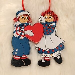 Raggedy Ann and Andy Heart Valentine's Day Wood Handpainted Ornament